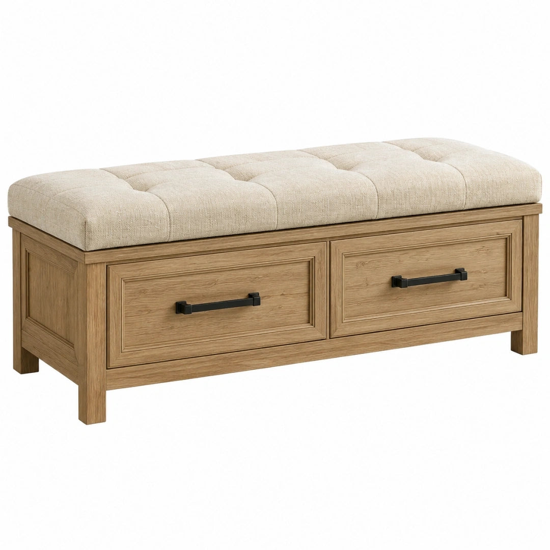 Banc coffre 120 x 45 x 50 cm en bois beige avec assise capitonnée style classique