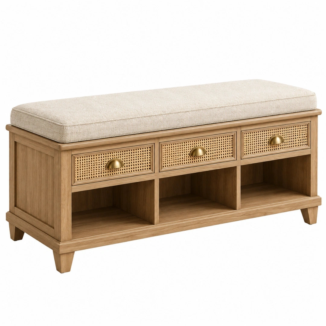 Banc de rangement 120 cm en bois naturel avec assise en tissu beige style bohème