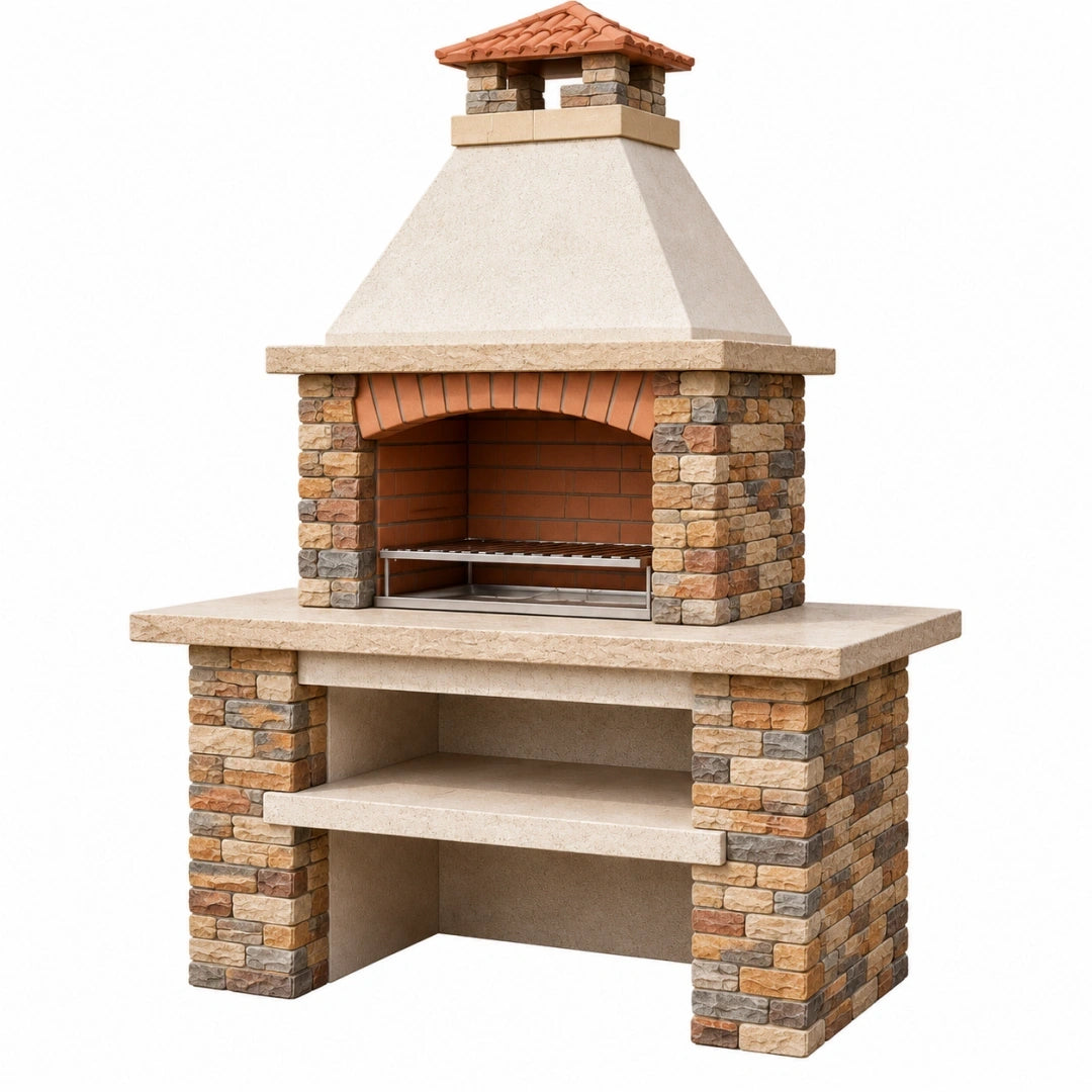Barbecue extérieur en pierre et brique beige 140 x 80 x 250 cm style rustique avec cheminée