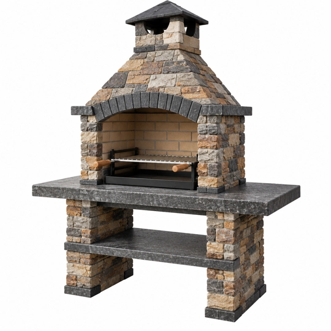 Barbecue de jardin en pierre 120 x 70 x 200 cm avec grille réglable style rustique
