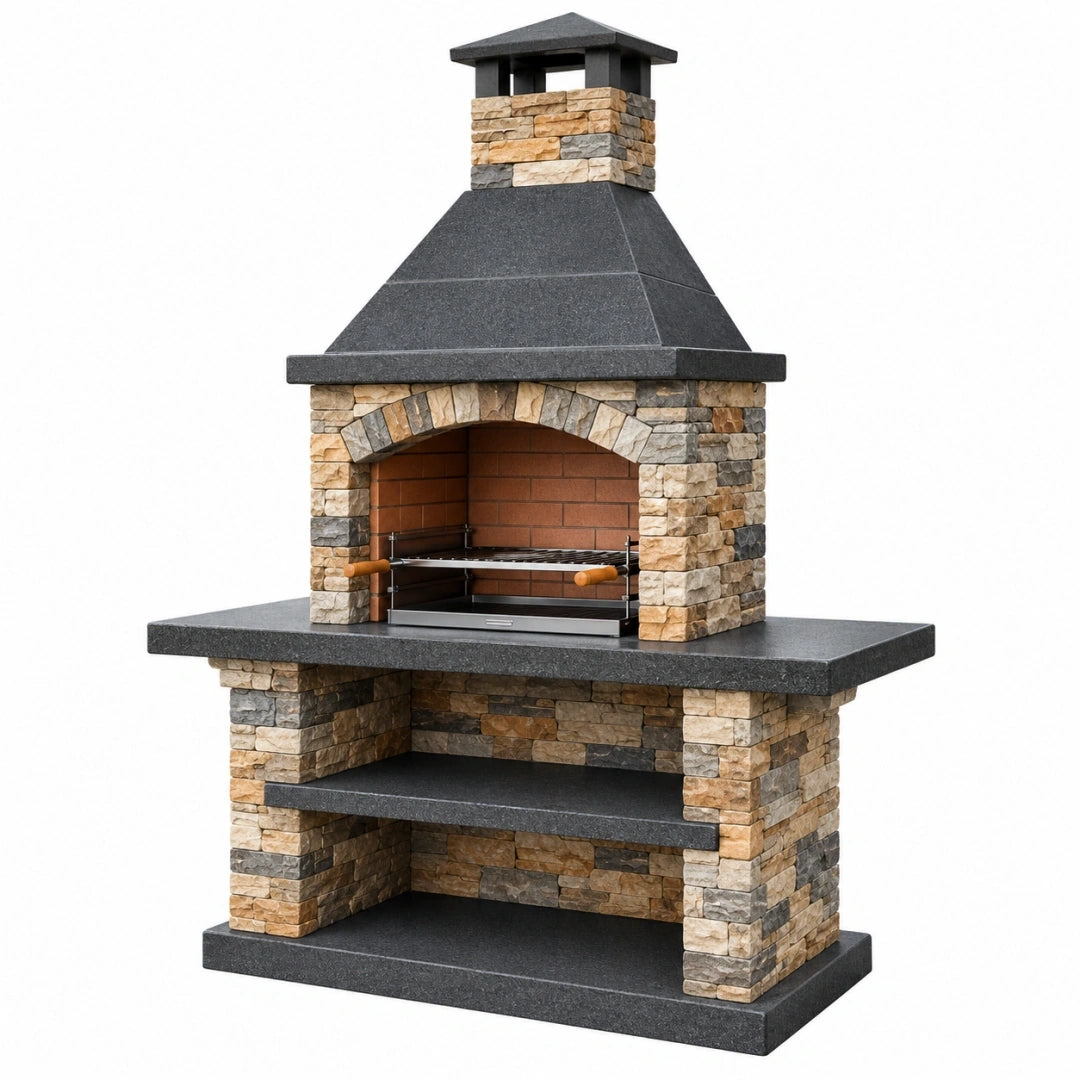 Barbecue de jardin en pierre 140 x 70 x 220 cm gris beige avec cheminée et grille