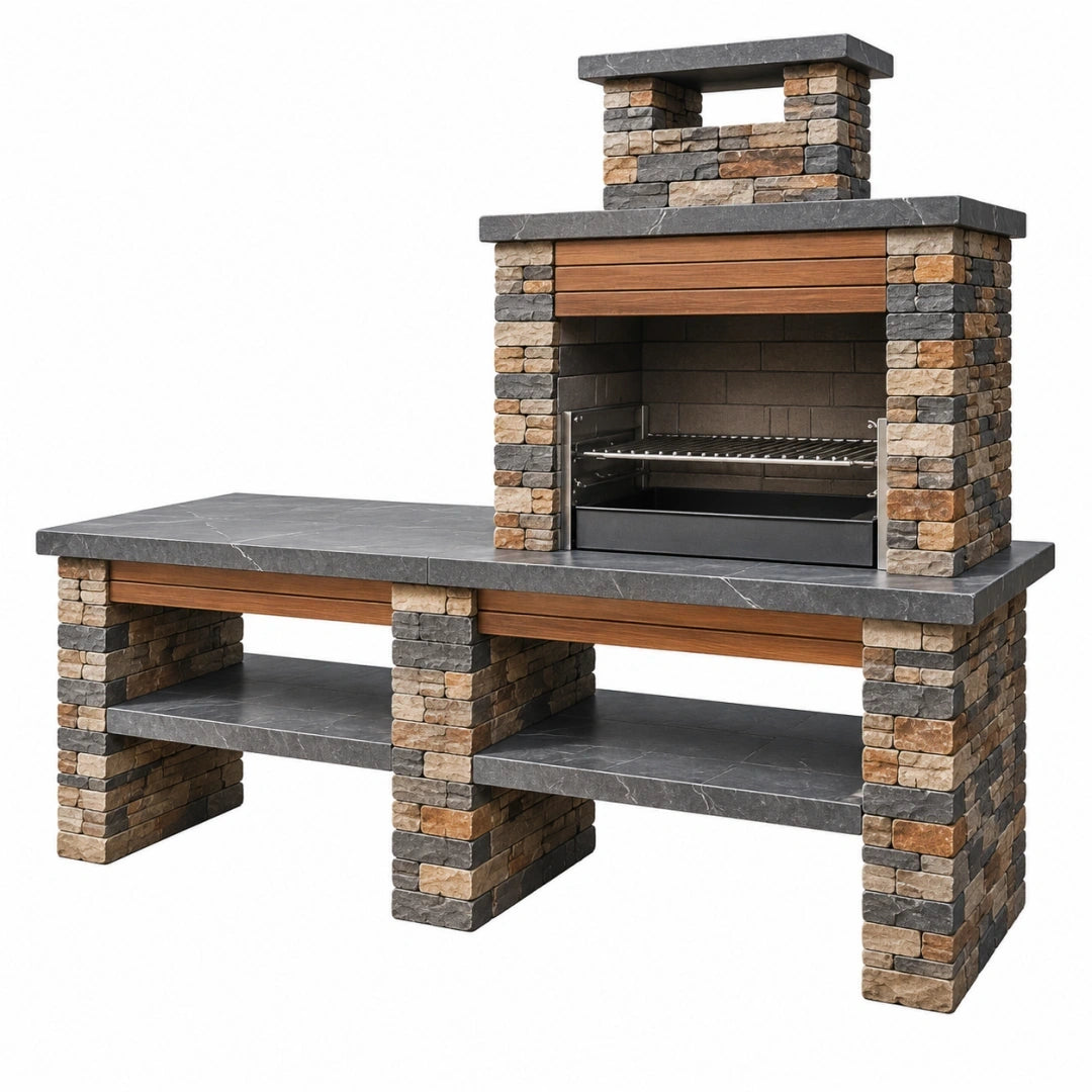 Barbecue extérieur 200 x 70 x 220 cm en pierre et métal gris brun avec cheminée et plan de travail