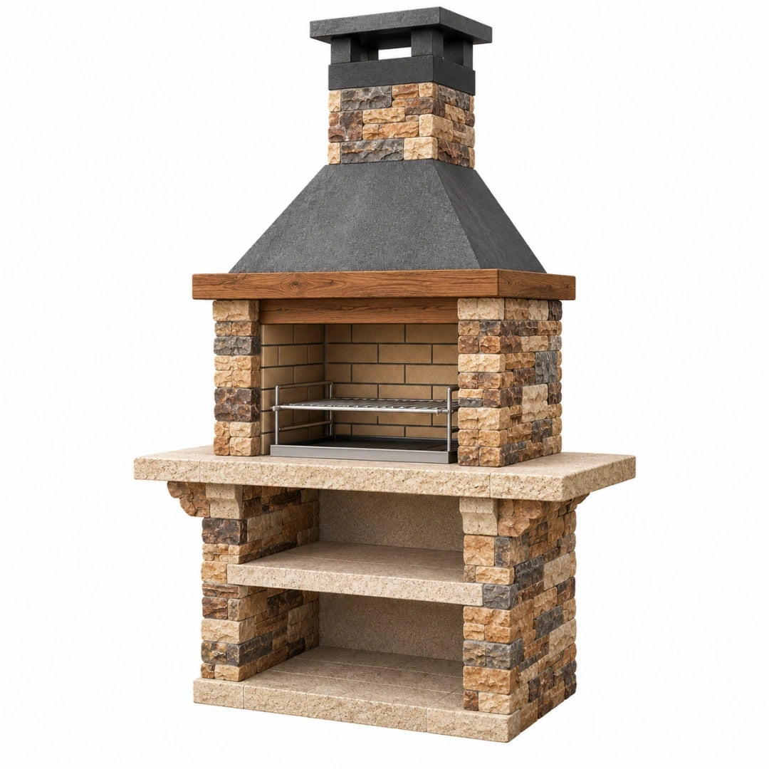 Barbecue de jardin 120 x 70 x 220 cm en pierre beige et métal noir avec cheminée style rustique