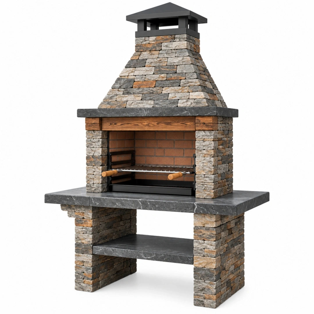 Barbecue de jardin 120 x 70 x 220 cm en pierre gris brun avec grille réglable