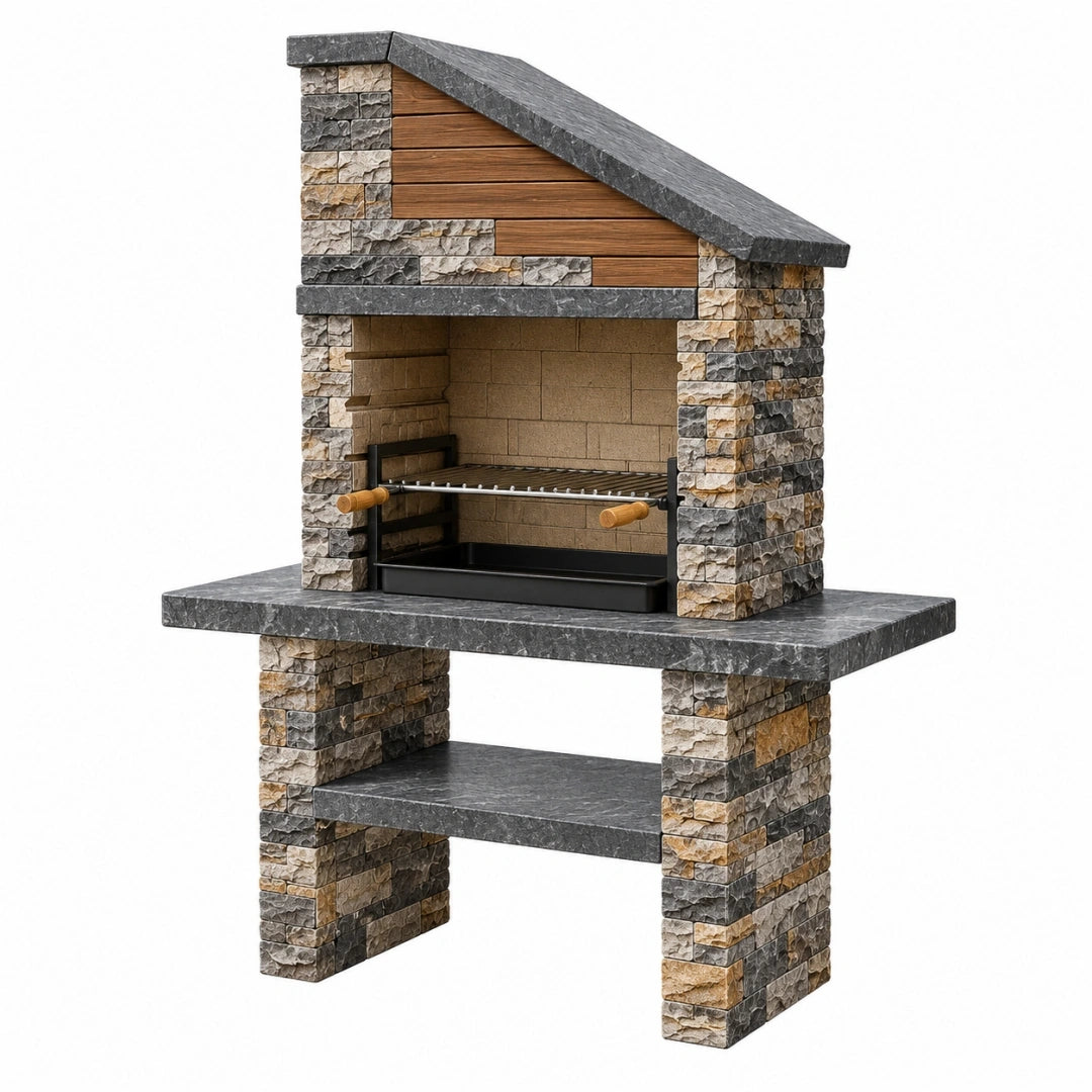 Barbecue de jardin 120 x 70 x 190 cm en pierre gris beige avec gril style rustique