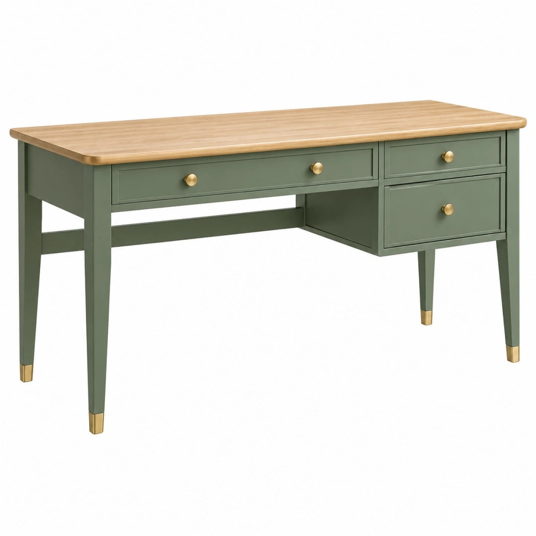 Bureau 140 x 60 x 76 cm en bois vert et naturel avec 3 tiroirs style classique