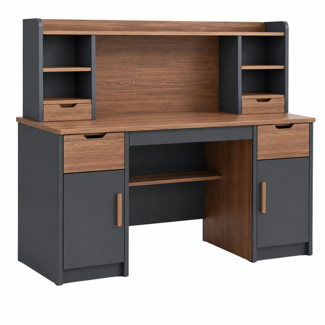 Bureau informatique 120 x 60 x 180 cm en panneaux de bois brun et anthracite avec étagères et rangements