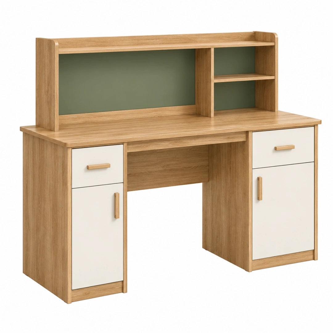 Bureau avec rangement 120 x 60 x 140 cm en panneaux de bois chêne clair blanc et vert style scandinave