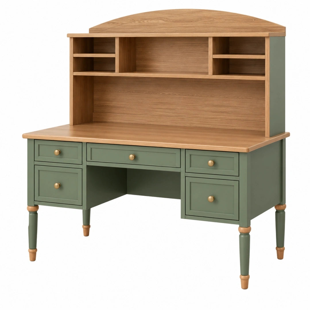 Bureau secrétaire 120 x 60 x 150 cm en bois vert sauge et naturel avec rangements style classique