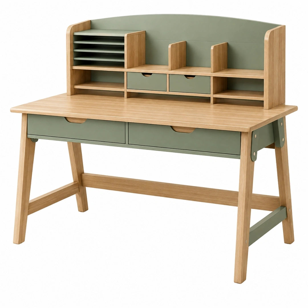 Bureau enfant 120 x 60 cm en bois naturel vert sauge avec rangement
