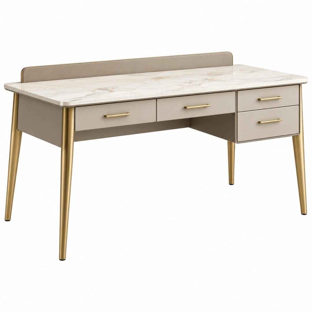 Bureau 120 x 60 cm beige et doré avec 4 tiroirs style contemporain