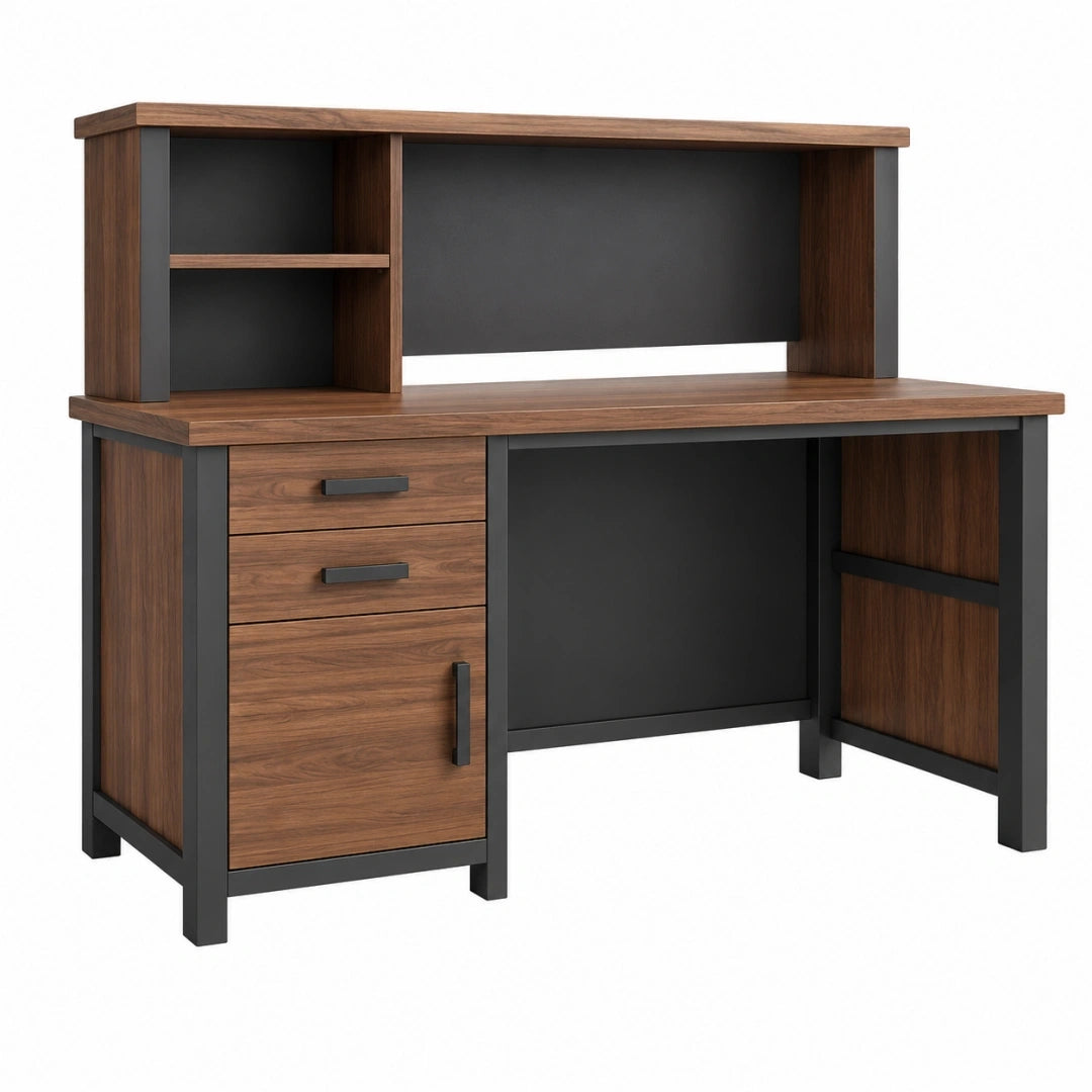 Bureau informatique 120 x 60 x 120 cm aspect bois noyer et métal noir avec rangements style industriel
