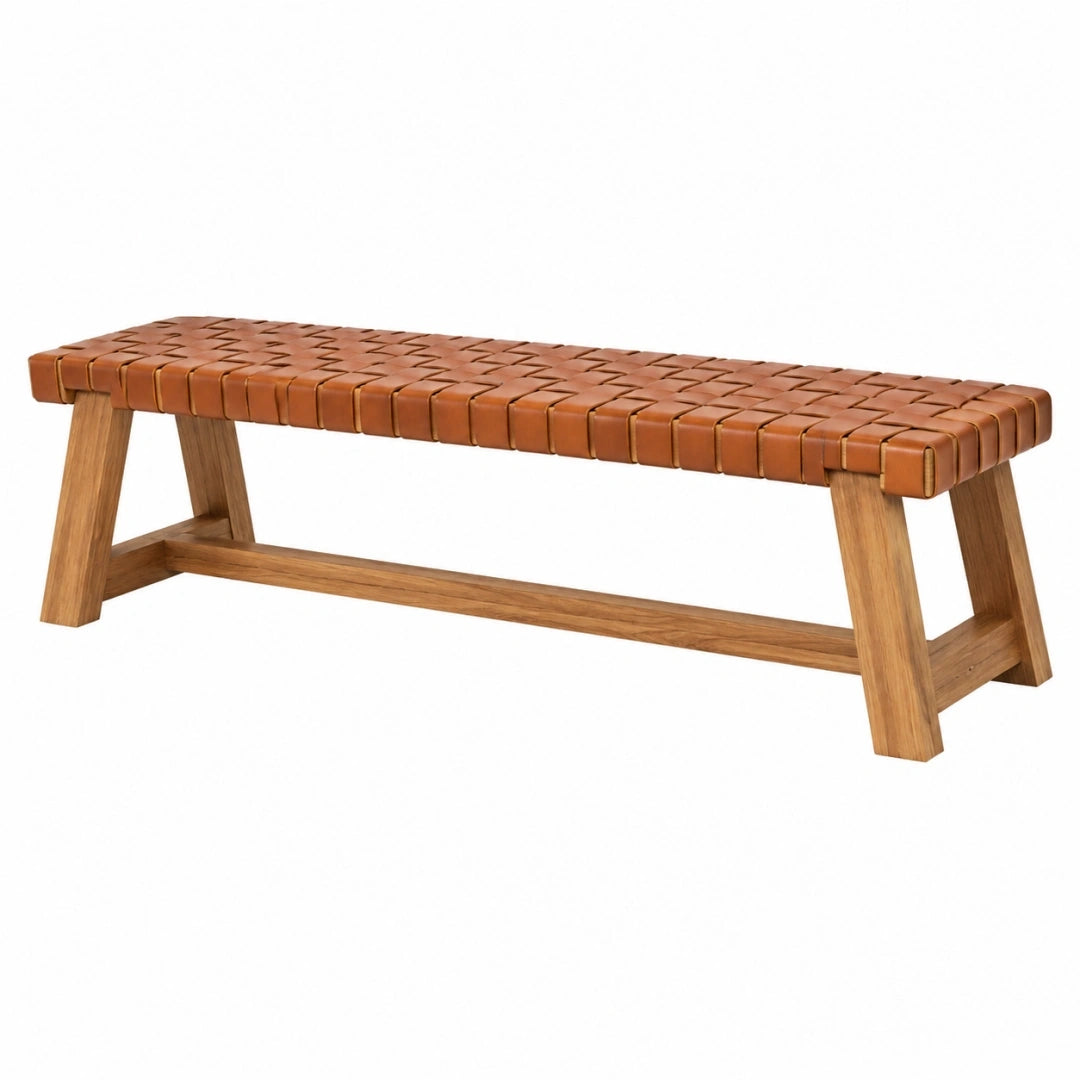 Banc 180 x 40 x 45 cm en bois et cuir marron style contemporain