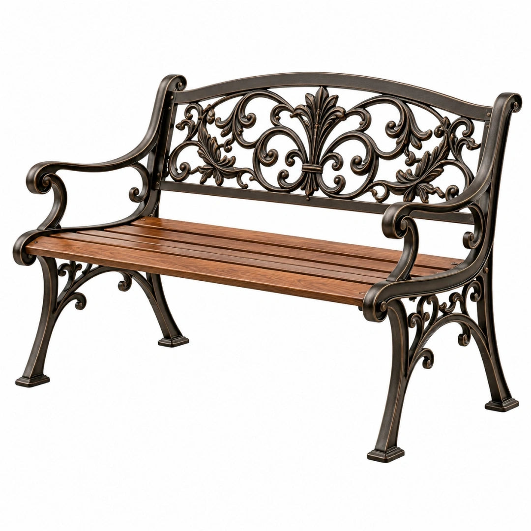 Banc de jardin 127 x 62 x 90 cm en métal et bois brun bronze style classique