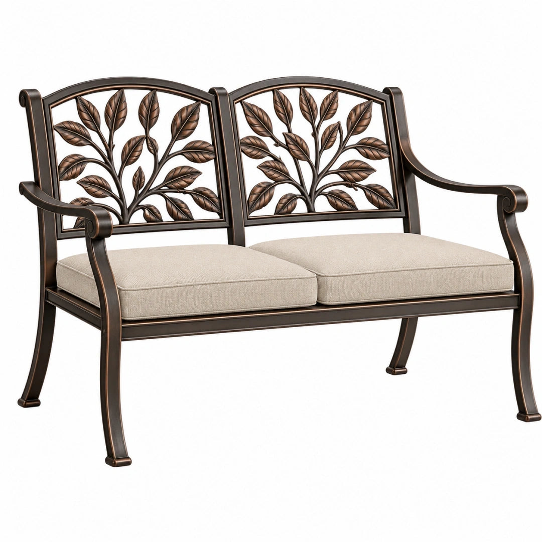 Banc de jardin 120 x 65 x 95 cm en métal brun avec assise textile style classique
