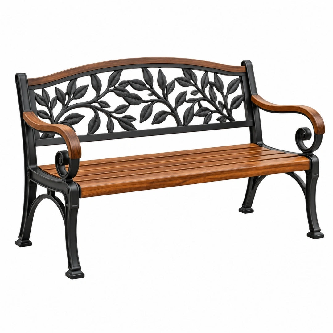 Banc de jardin 125 cm en bois et métal marron noir style floral