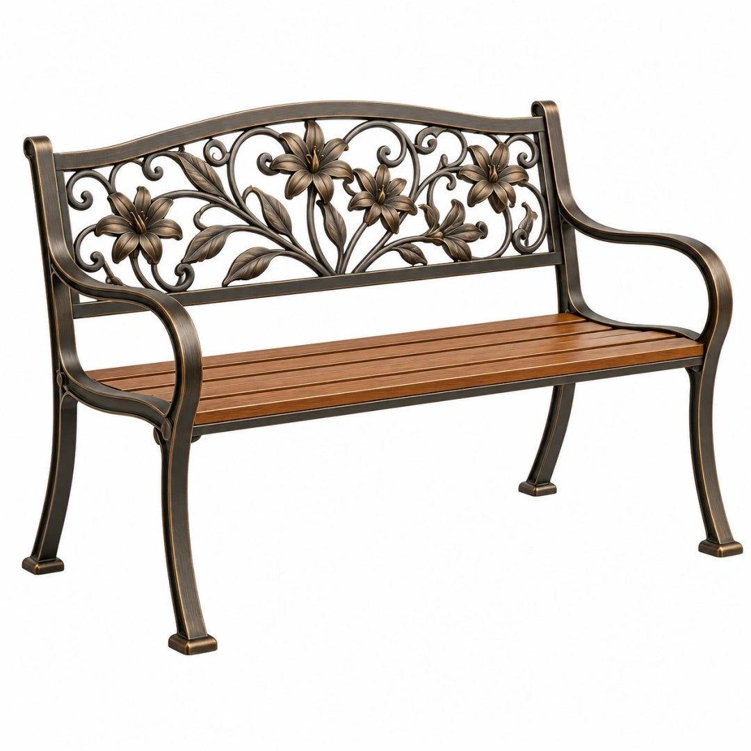 Banc de jardin 120 cm en métal et bois bronze marron style floral